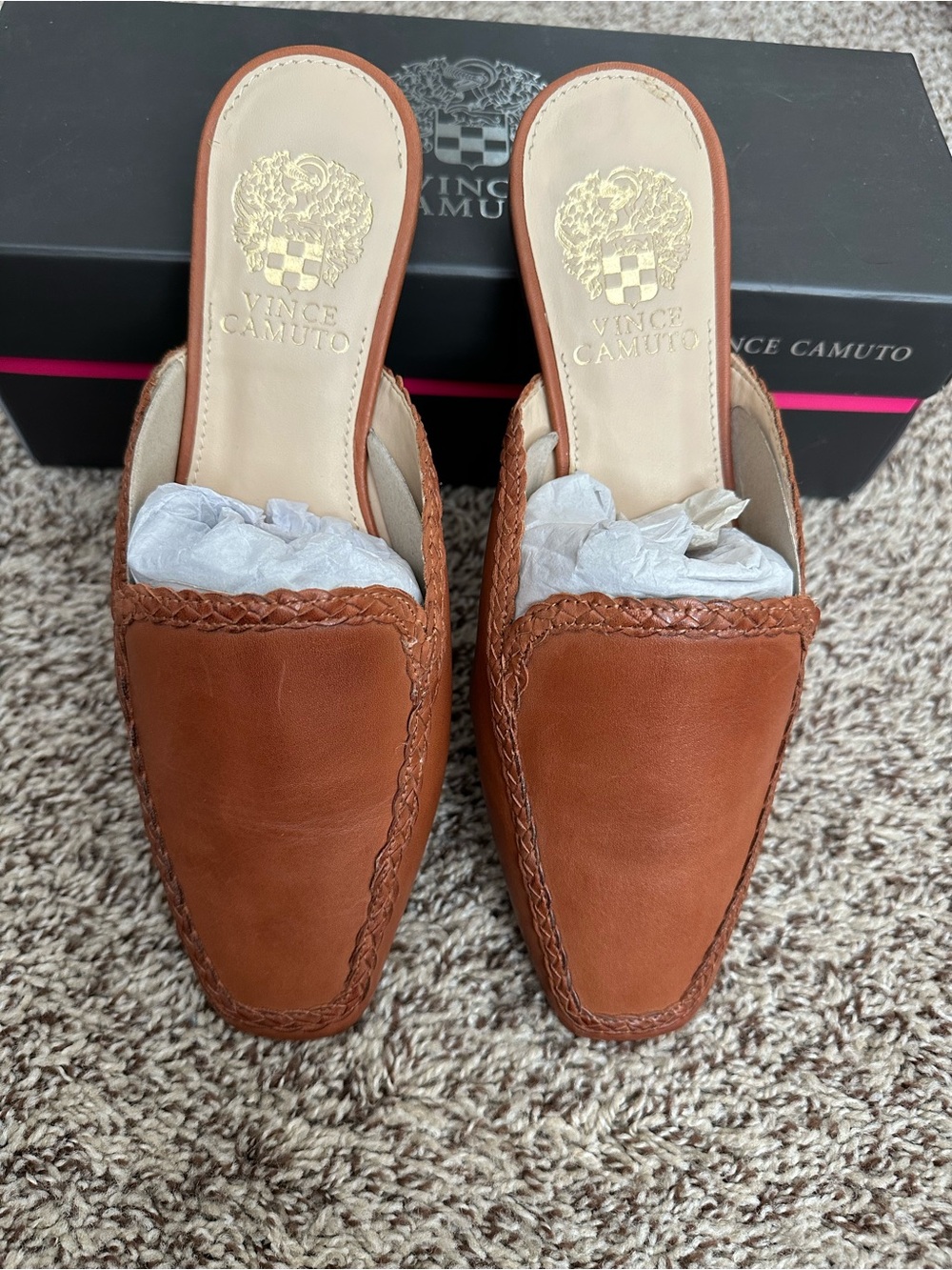 NIB Vince Camuto Cognac Braided Leather Slip-On Mules 7 1/2